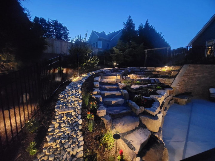 Stone garden steps illuminated at dusk